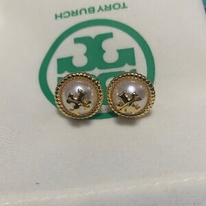 Tory Burch Gold and Pearl Logo Earrings